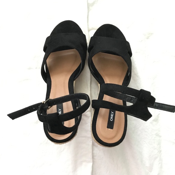 ONLY Wedge Sandals 39/Size 8 Black Cream Brown Ankle Strap - Picture 3 of 10